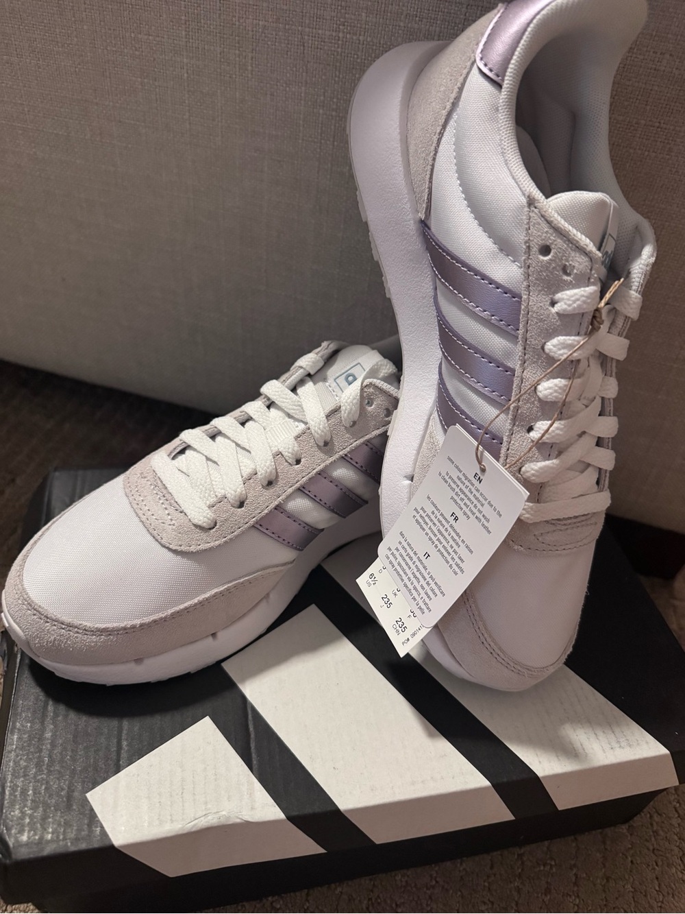 adidas Women’s Lavender Metallic Stripe White Sneakers